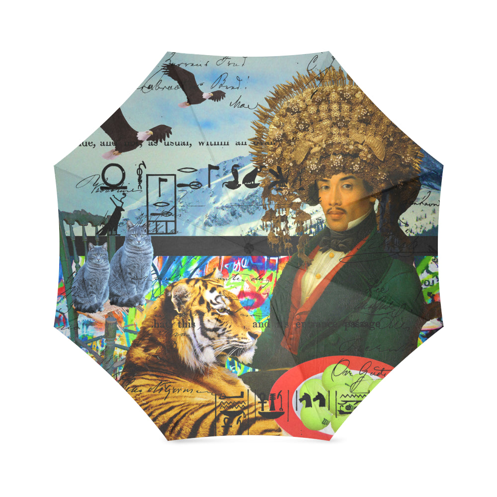 THE EMPEROR OF SNOWY MOUNTAIN foldable umbrella showcasing vibrant prints and a sturdy aluminum frame, perfect for rainy days.