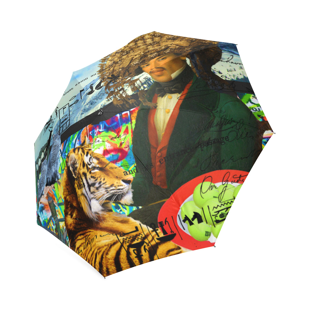 THE EMPEROR OF SNOWY MOUNTAIN foldable umbrella showcasing vibrant prints and a sturdy aluminum frame, perfect for rainy days.
