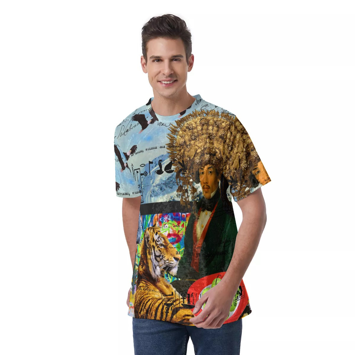 Men's Velvet All Over Print Tee featuring a unique Cubist design, showcasing vibrant colors and a comfortable fit.