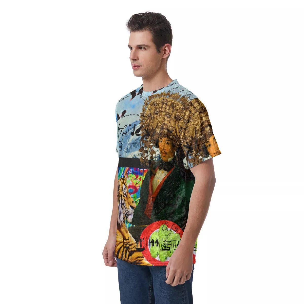 Men's Velvet All Over Print Tee featuring a unique Cubist design, showcasing vibrant colors and a comfortable fit.