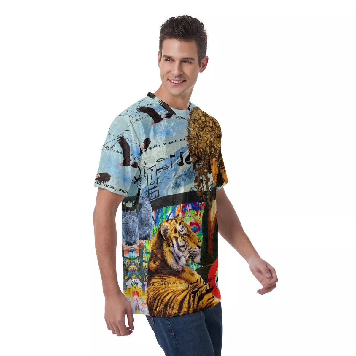Men's Velvet All Over Print Tee featuring a unique Cubist design, showcasing vibrant colors and a comfortable fit.