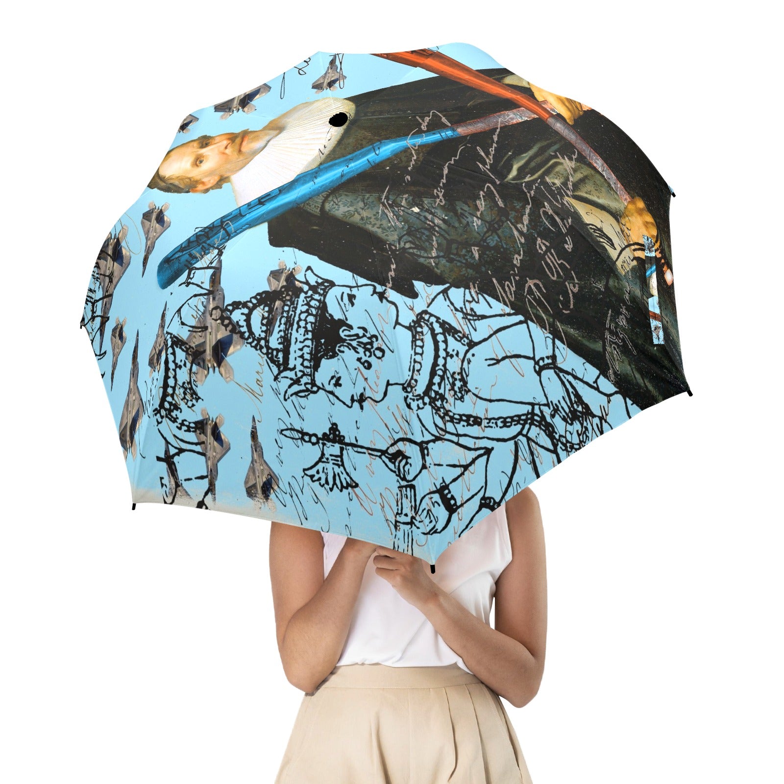 F22 Raptor Hunter semi-automatic foldable umbrella with vibrant collage design, showcasing its sturdy ribs and comfortable foam handle.