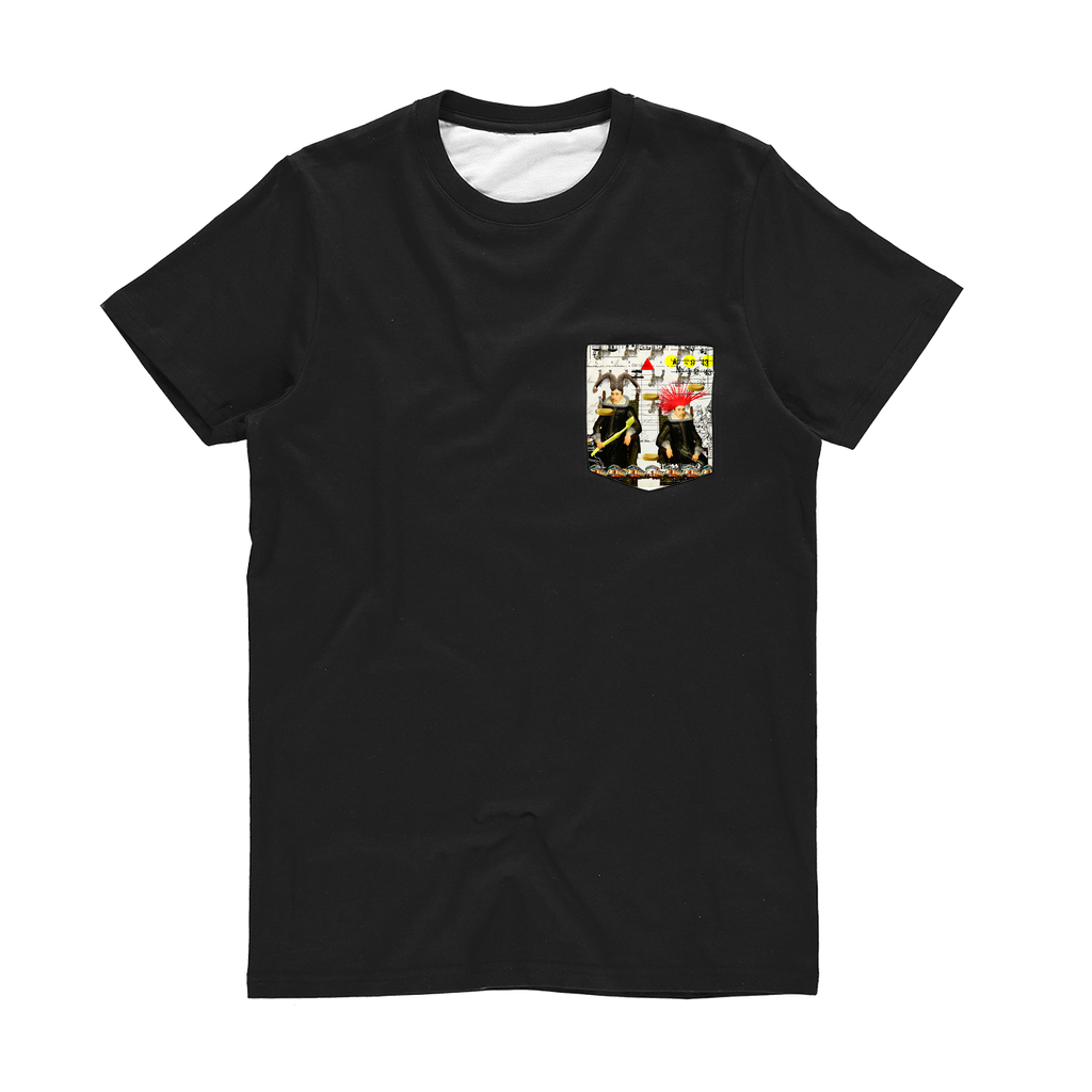 THE FIXER-UPPERS II Classic Sublimation Pocket Tee featuring vibrant pocket designs and a plain black back.