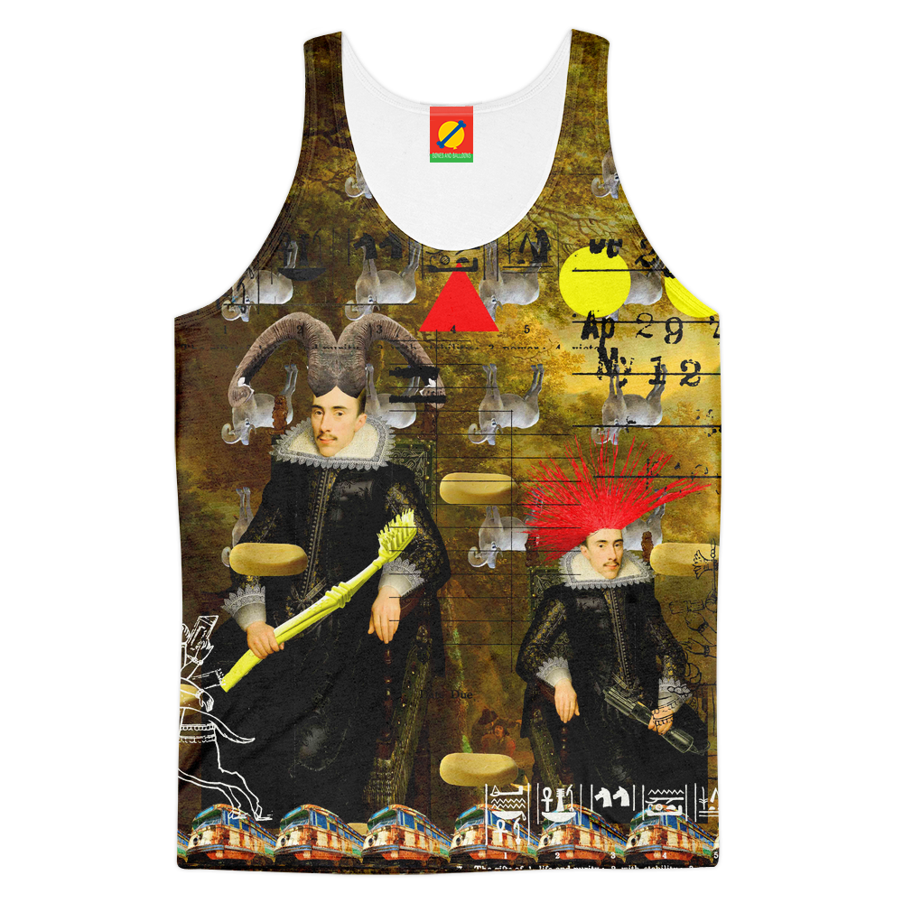 Men's tank top featuring an all-over vibrant sublimation print, designed for comfort and style in warm weather.