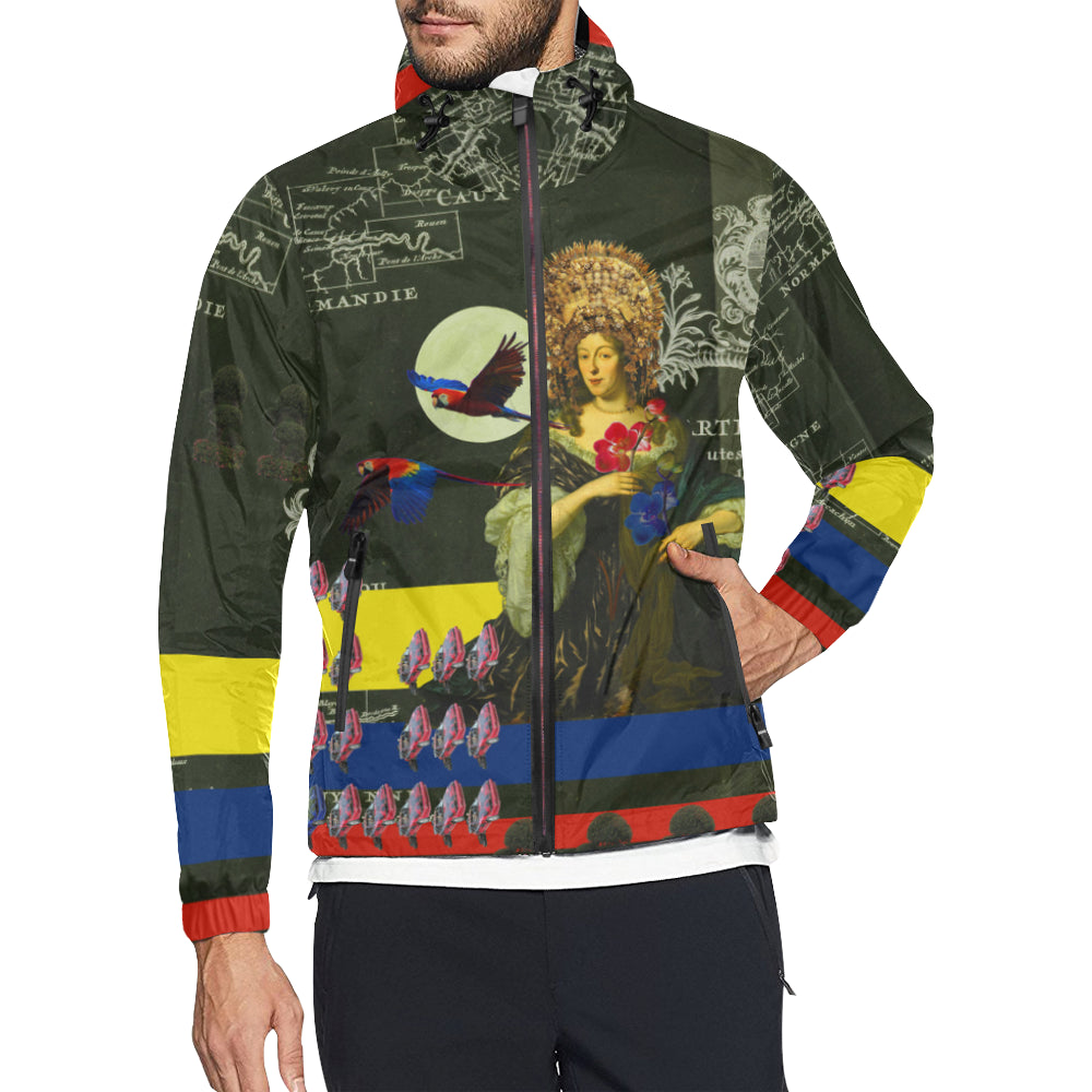 Vibrant all-over print windbreaker featuring floral designs, zip closure, and adjustable hood.