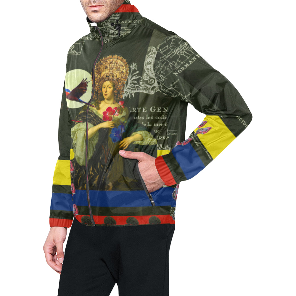 Vibrant all-over print windbreaker featuring floral designs, zip closure, and adjustable hood.