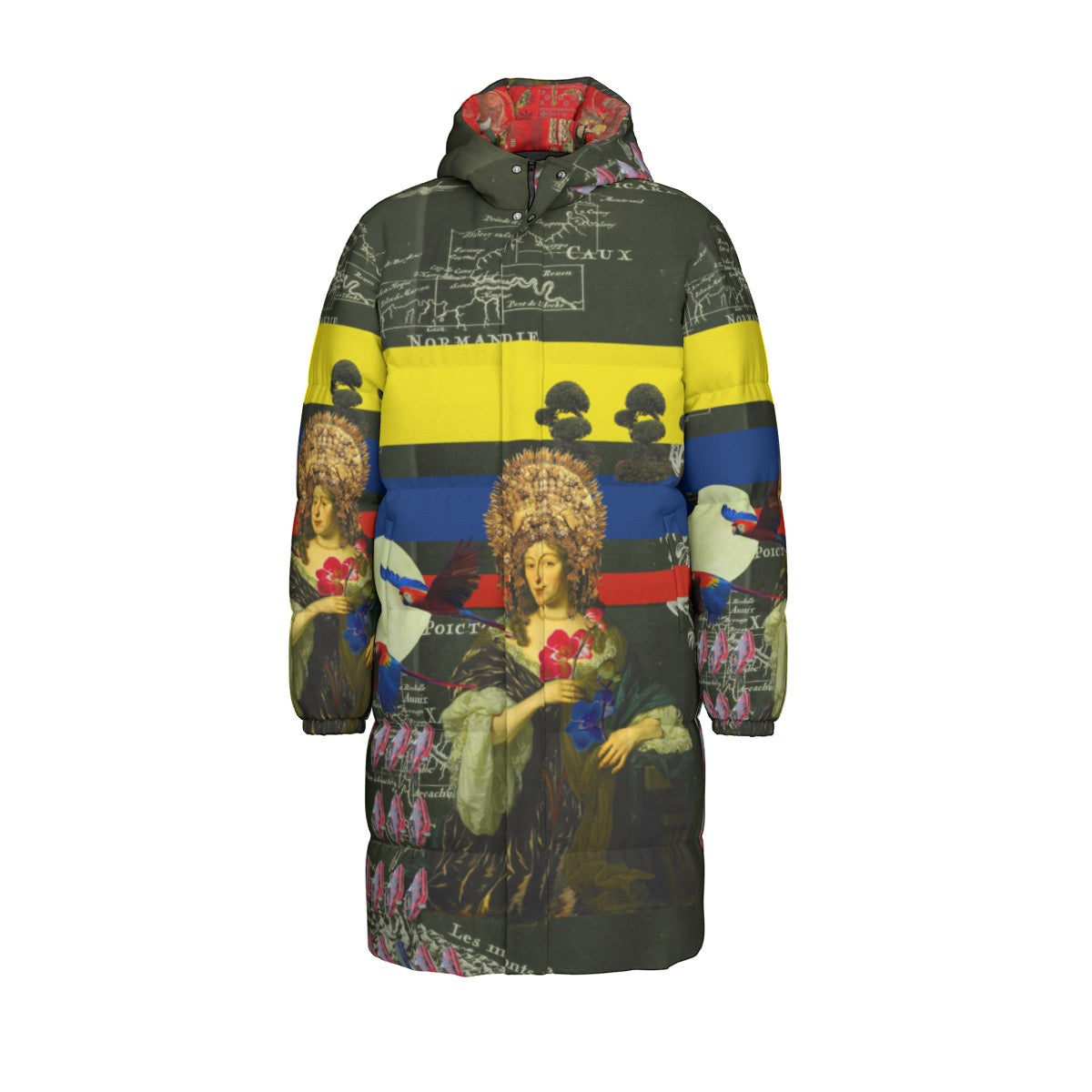 A stylish unisex long down jacket with a vibrant floral print, featuring a double zipper and side pockets, perfect for winter wear.