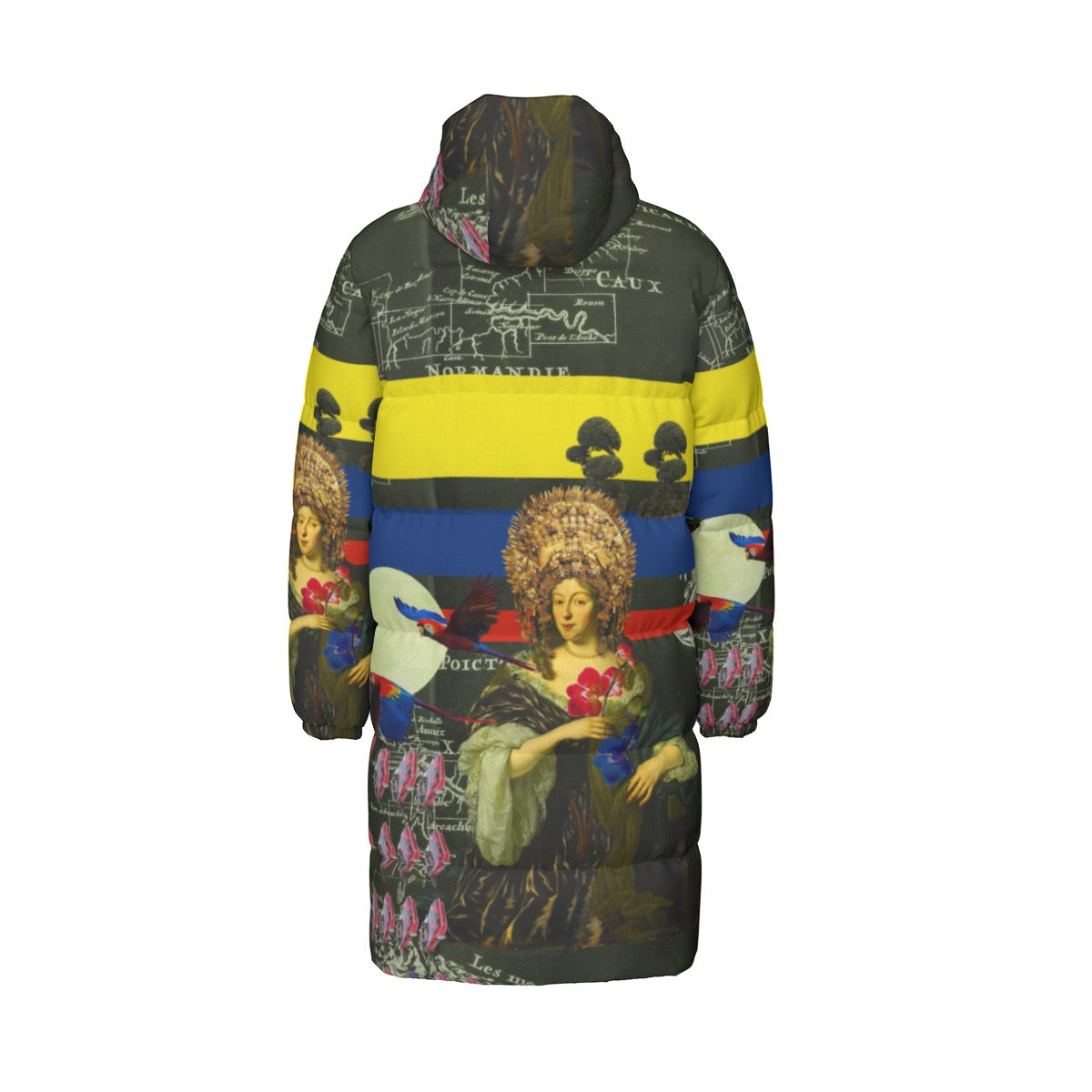 A stylish unisex long down jacket with a vibrant floral print, featuring a double zipper and side pockets, perfect for winter wear.