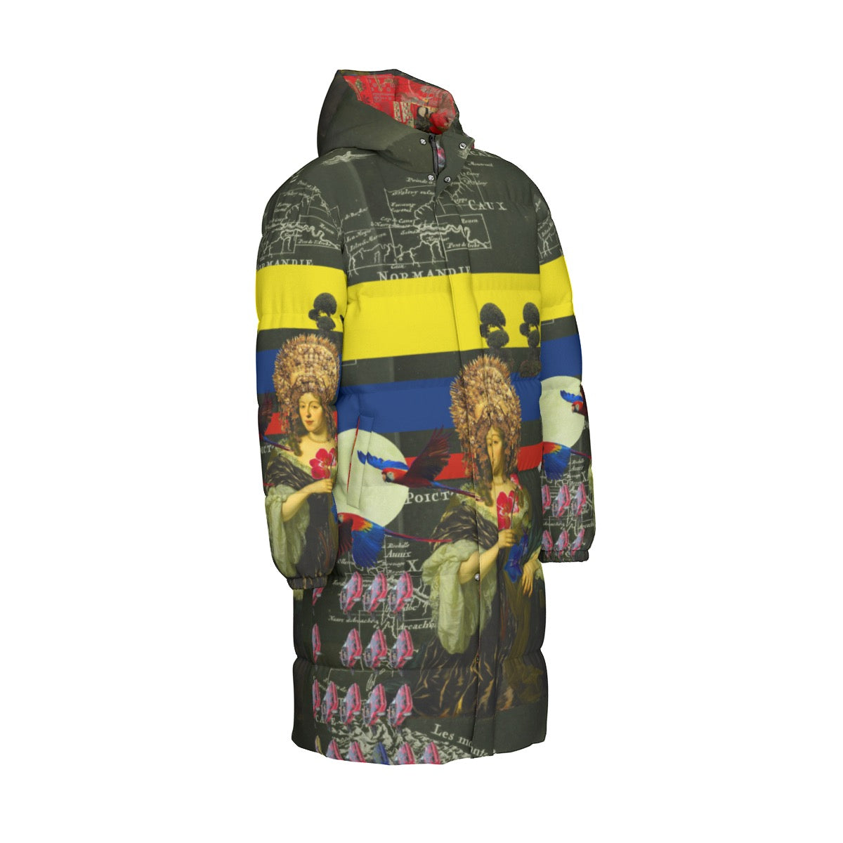 A stylish unisex long down jacket with a vibrant floral print, featuring a double zipper and side pockets, perfect for winter wear.