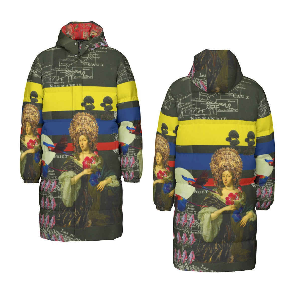 A stylish unisex long down jacket with a vibrant floral print, featuring a double zipper and side pockets, perfect for winter wear.