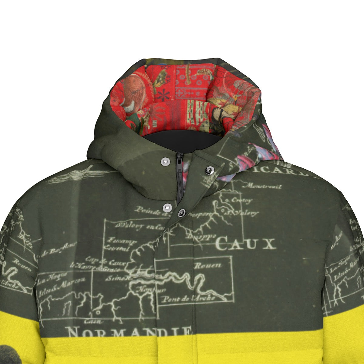 A stylish unisex long down jacket with a vibrant floral print, featuring a double zipper and side pockets, perfect for winter wear.