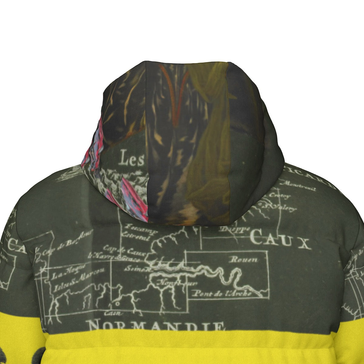 A stylish unisex long down jacket with a vibrant floral print, featuring a double zipper and side pockets, perfect for winter wear.