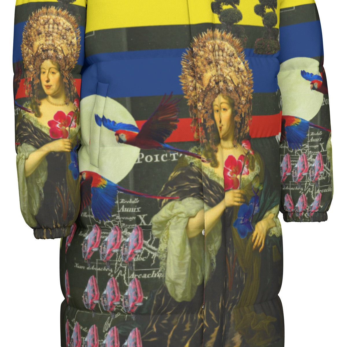 A stylish unisex long down jacket with a vibrant floral print, featuring a double zipper and side pockets, perfect for winter wear.