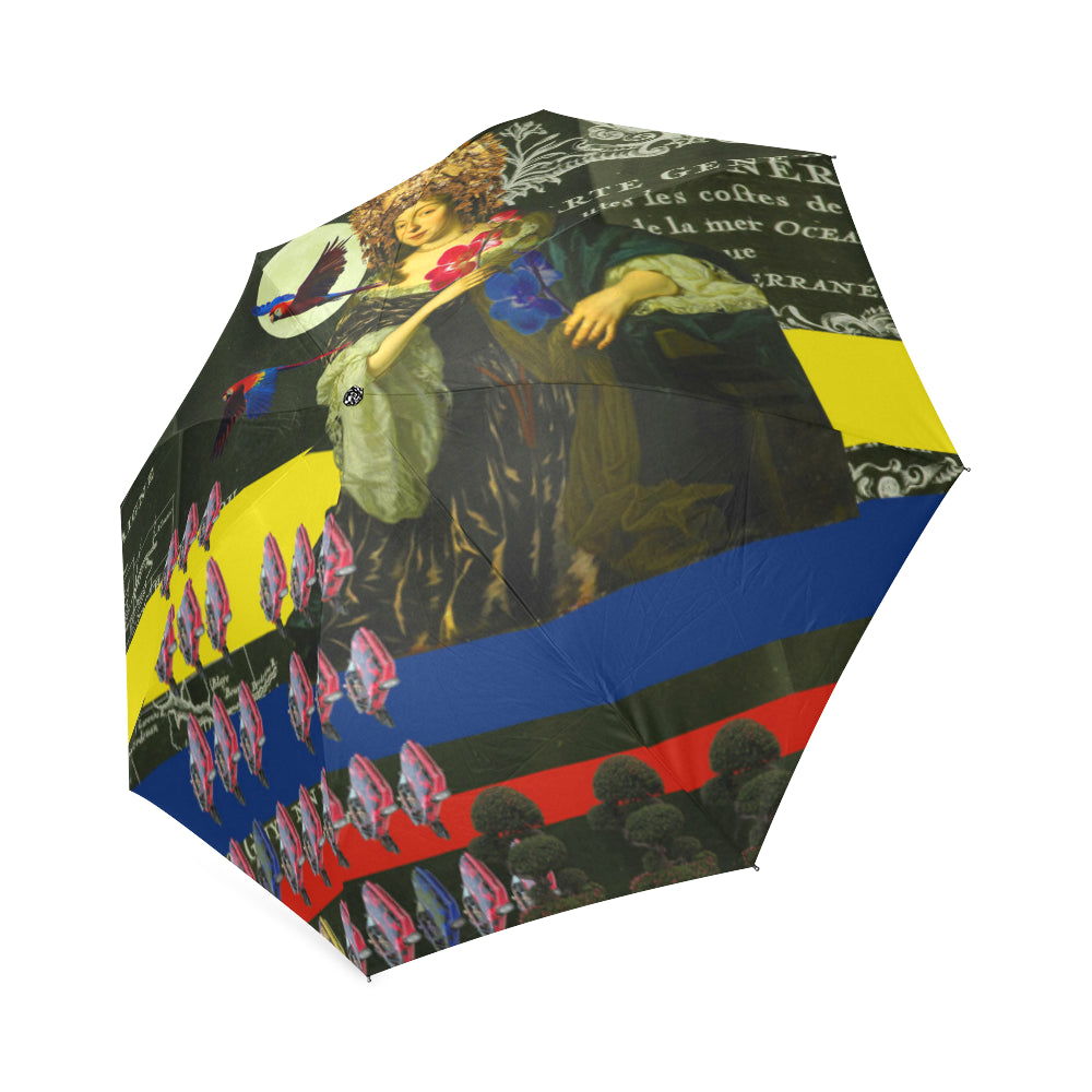 A colorful foldable umbrella featuring vibrant floral prints, showcasing its artistic design and durable construction.