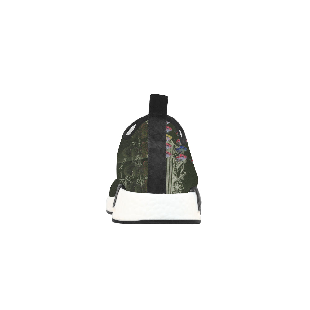 THE FLOWERS OF THE QUEEN Men’s All Over Print Running Shoes featuring a vibrant floral design and breathable mesh material.