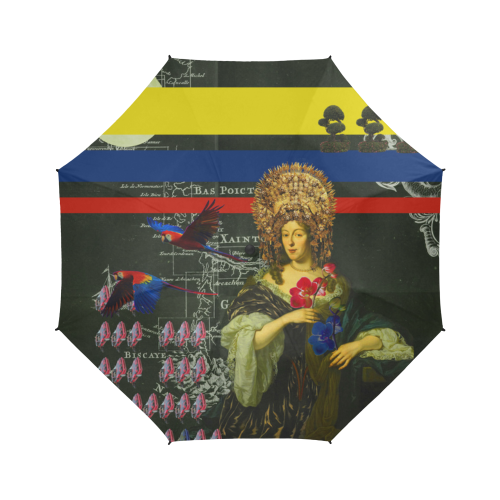 A stylish semi-automatic foldable umbrella featuring a vibrant floral design, showcasing its waterproof fabric and sturdy construction.