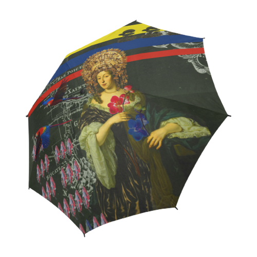 A stylish semi-automatic foldable umbrella featuring a vibrant floral design, showcasing its waterproof fabric and sturdy construction.