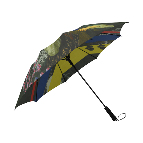 A stylish semi-automatic foldable umbrella featuring a vibrant floral design, showcasing its waterproof fabric and sturdy construction.