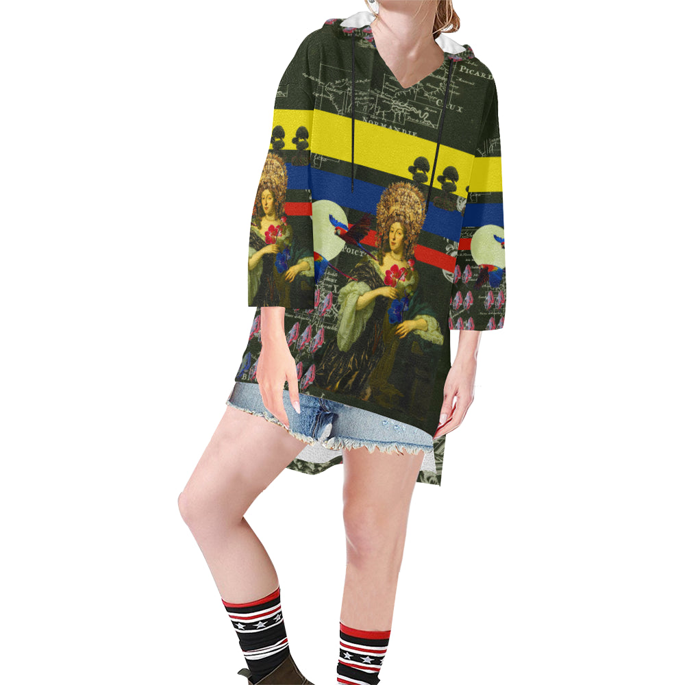 A vibrant unisex tunic hoodie featuring a drawstring hood, v-neckline, and step hem, showcasing colorful collage designs.