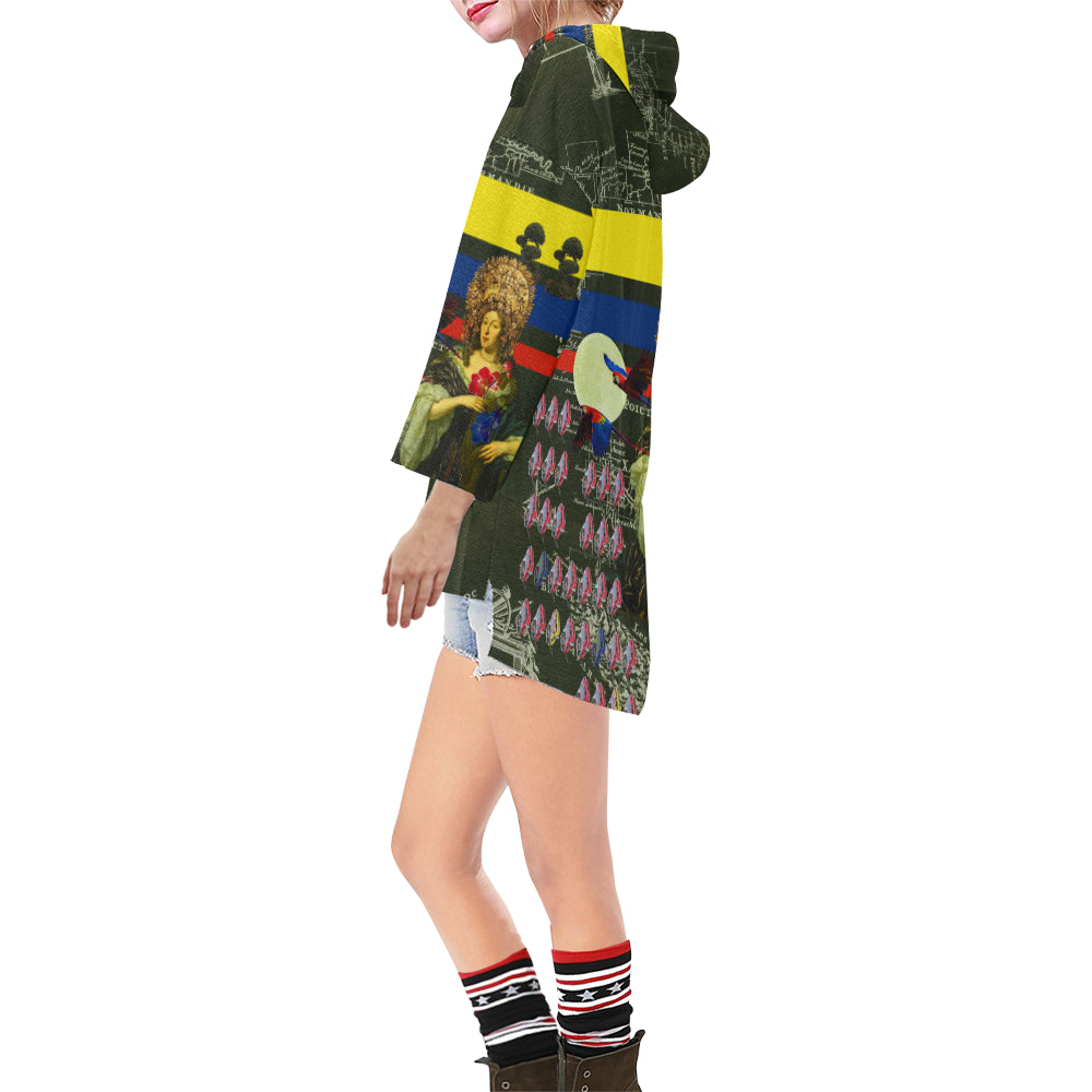 A vibrant unisex tunic hoodie featuring a drawstring hood, v-neckline, and step hem, showcasing colorful collage designs.