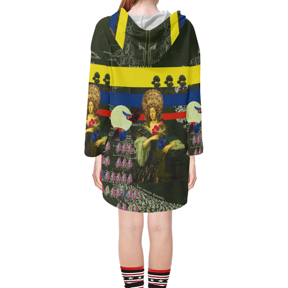 A vibrant unisex tunic hoodie featuring a drawstring hood, v-neckline, and step hem, showcasing colorful collage designs.