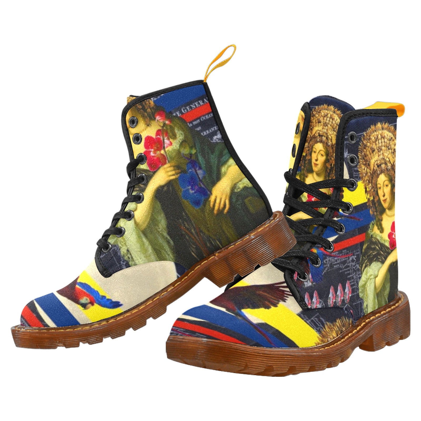 THE FLOWERS OF THE QUEEN Women's High Boots with vibrant all-over print design, showcasing stylish and durable nylon canvas material.