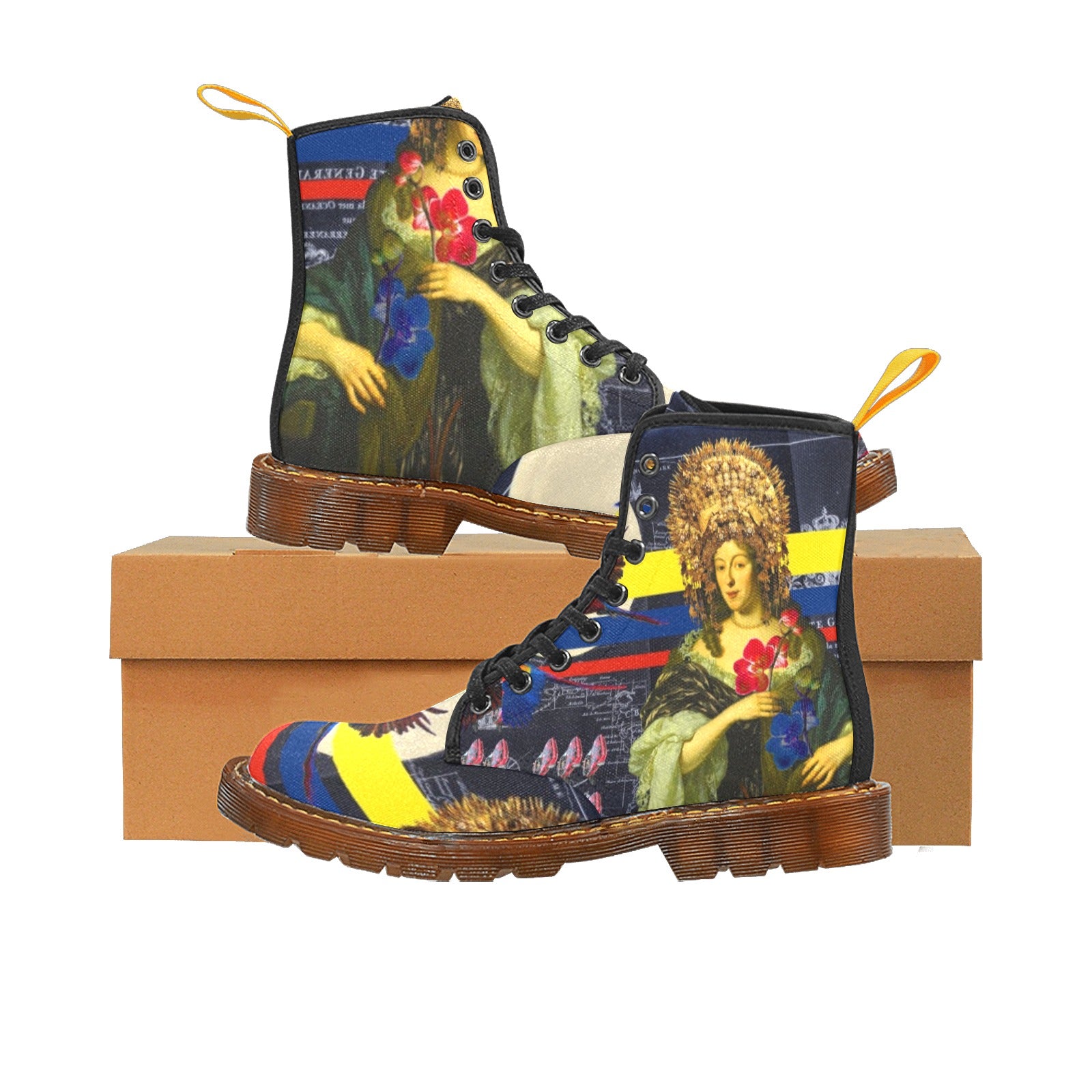 THE FLOWERS OF THE QUEEN Women's High Boots with vibrant all-over print design, showcasing stylish and durable nylon canvas material.