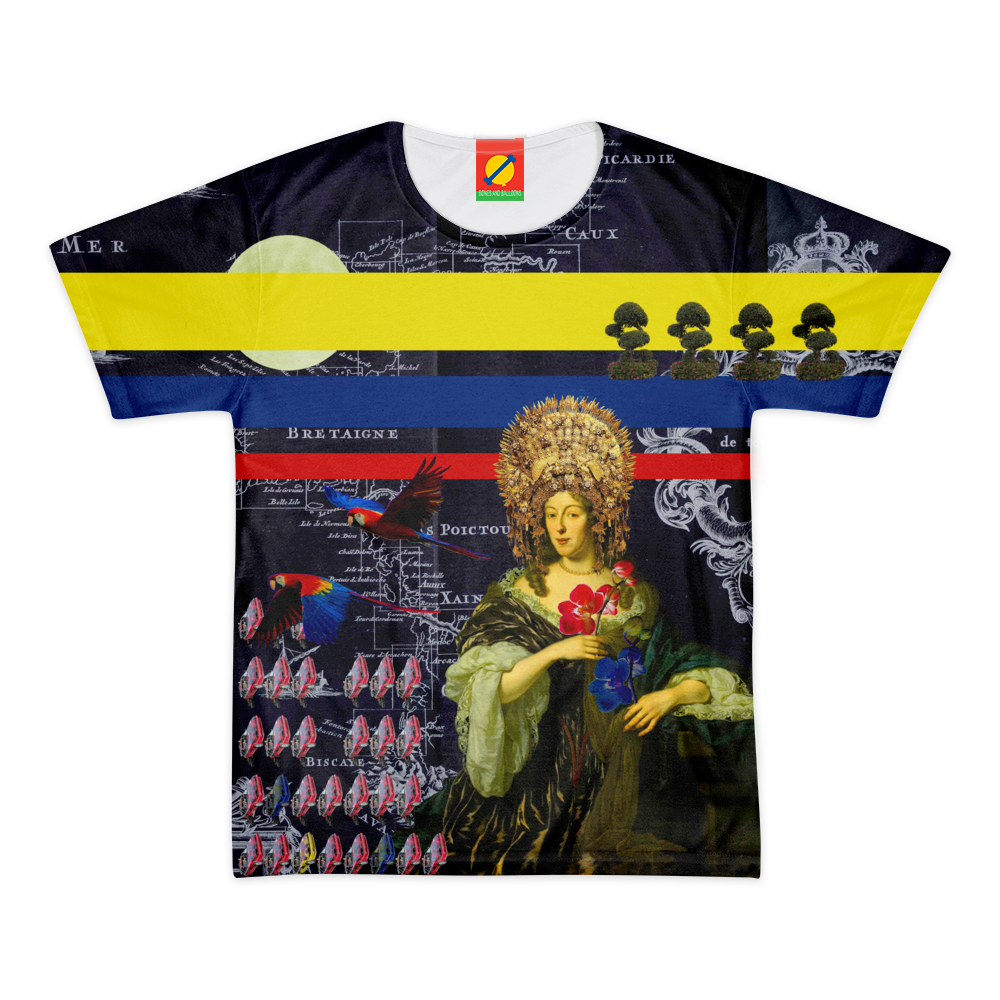 THE FLOWERS OF THE QUEEN Women's All Over Print Tee featuring vibrant floral patterns on a soft cotton fabric.