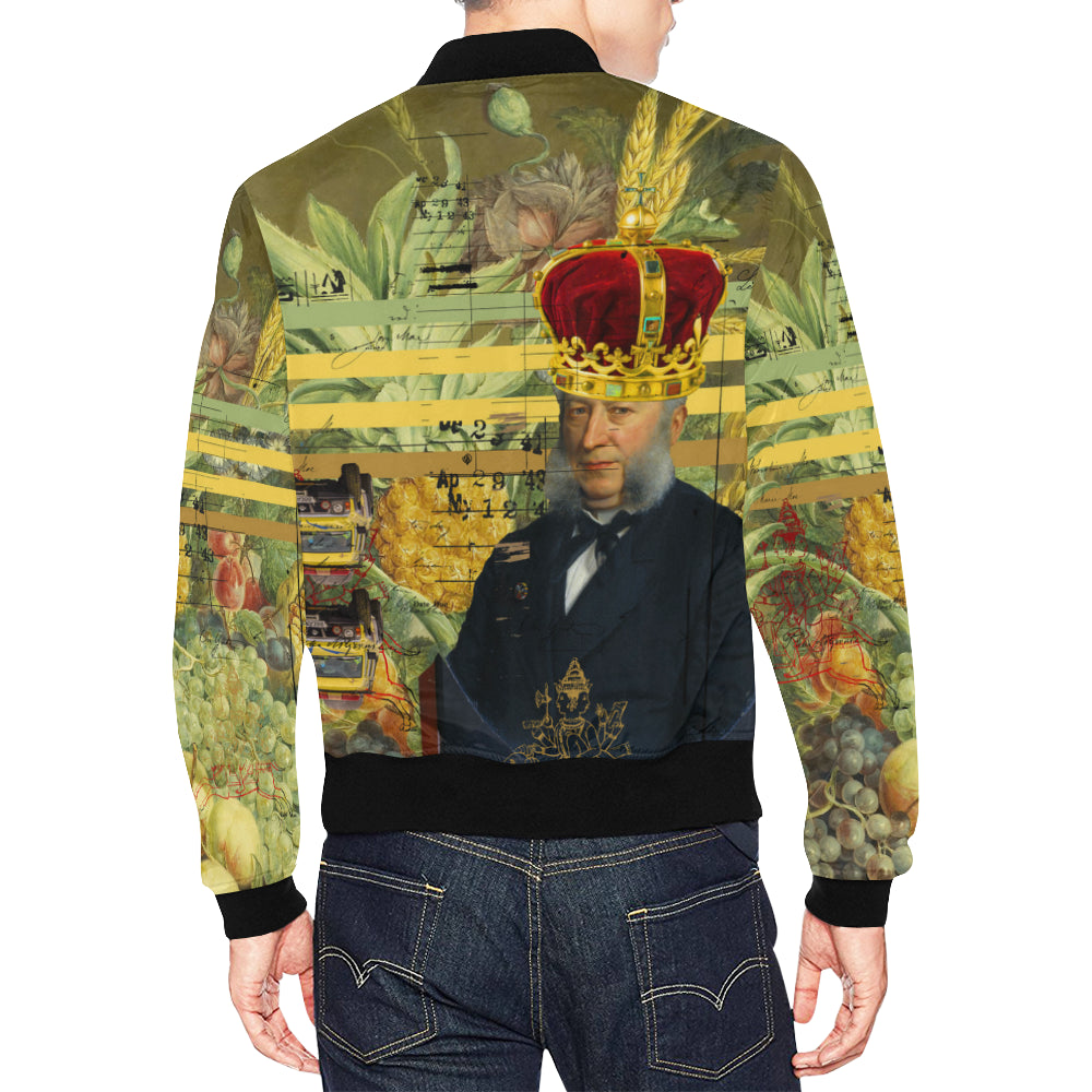 Men's bomber jacket featuring a vibrant all-over print design, showcasing a unique collage pattern.