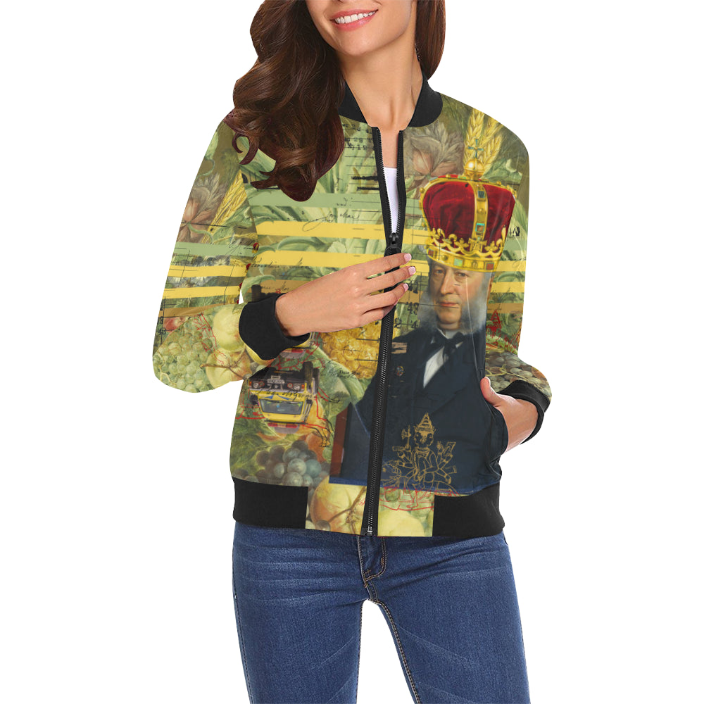 THE FOUR CROWNS All Over Print Bomber Jacket for Women featuring vibrant collage prints and a stylish design.