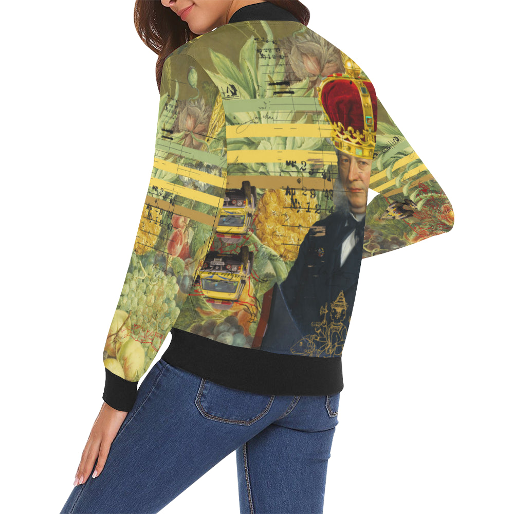 THE FOUR CROWNS All Over Print Bomber Jacket for Women featuring vibrant collage prints and a stylish design.