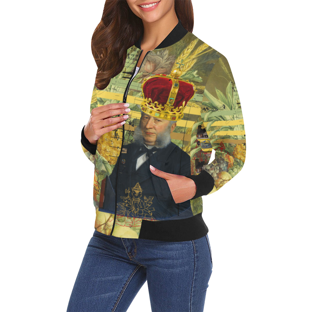 THE FOUR CROWNS All Over Print Bomber Jacket for Women featuring vibrant collage prints and a stylish design.
