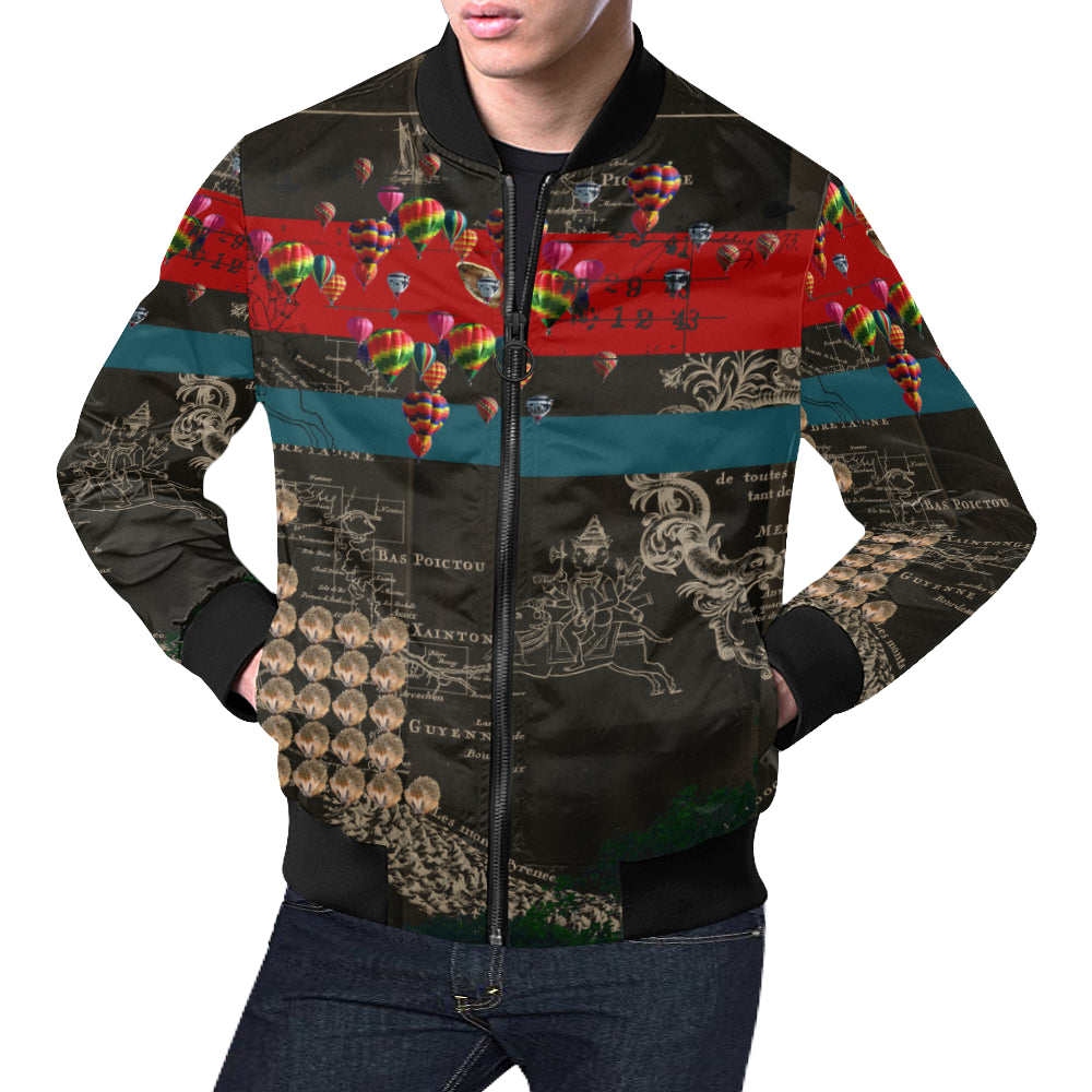 Men's Hedgehog Soup Upper III IV Bomber Jacket featuring vibrant all-over print design, zip front, and ribbed collar.