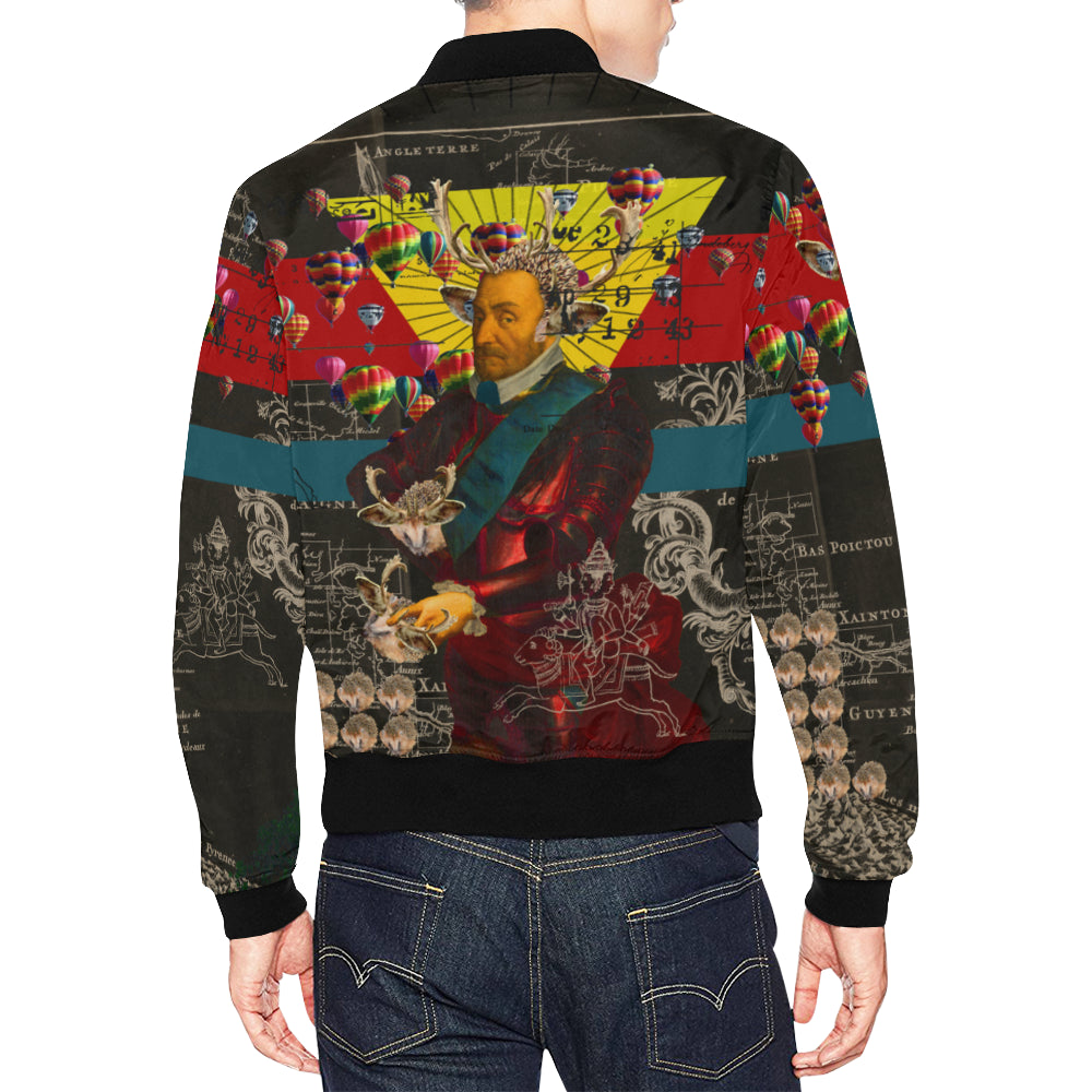 Men's Hedgehog Soup Upper III IV Bomber Jacket featuring vibrant all-over print design, zip front, and ribbed collar.