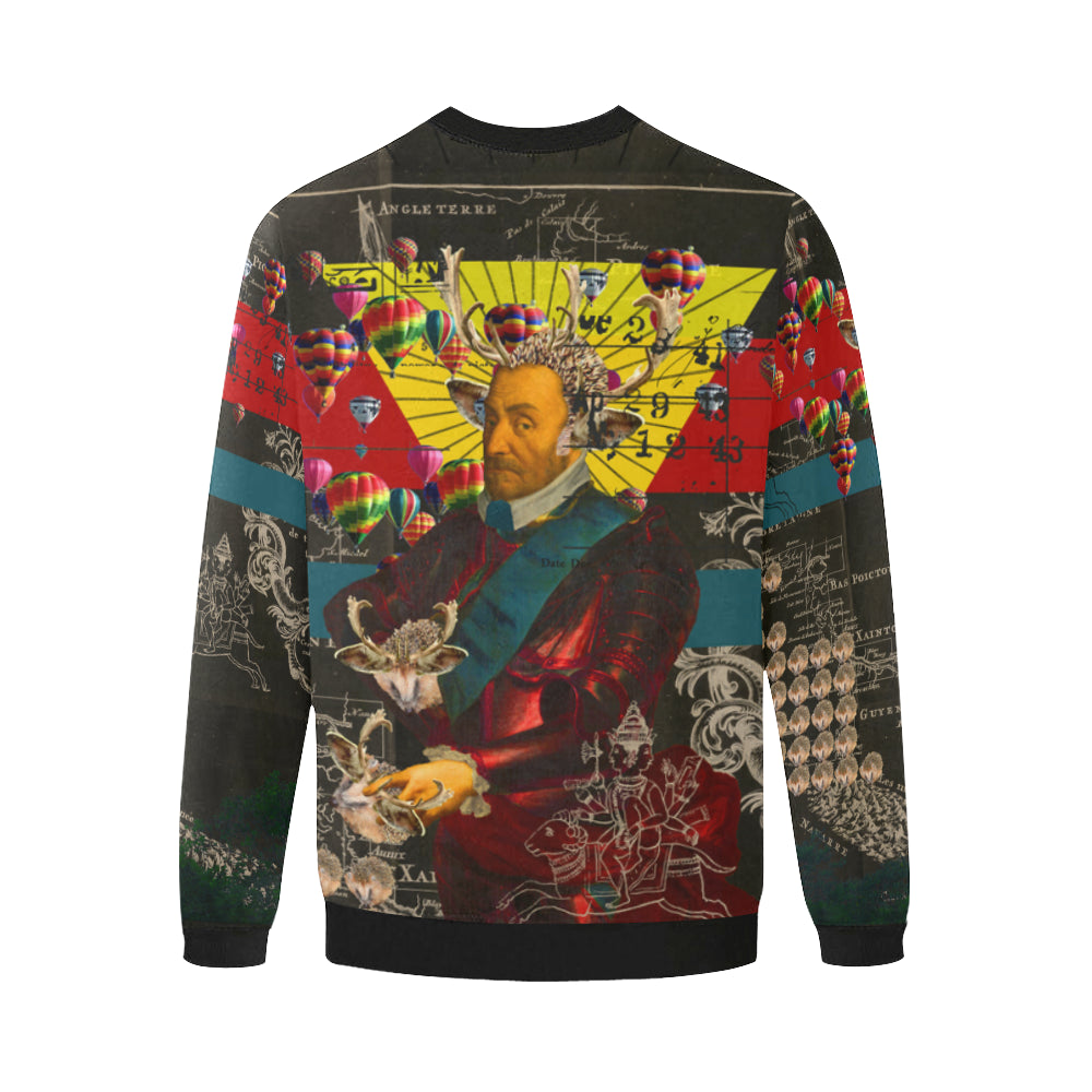 Men's oversized fleece sweatshirt with vibrant collage print, perfect for street fashion.