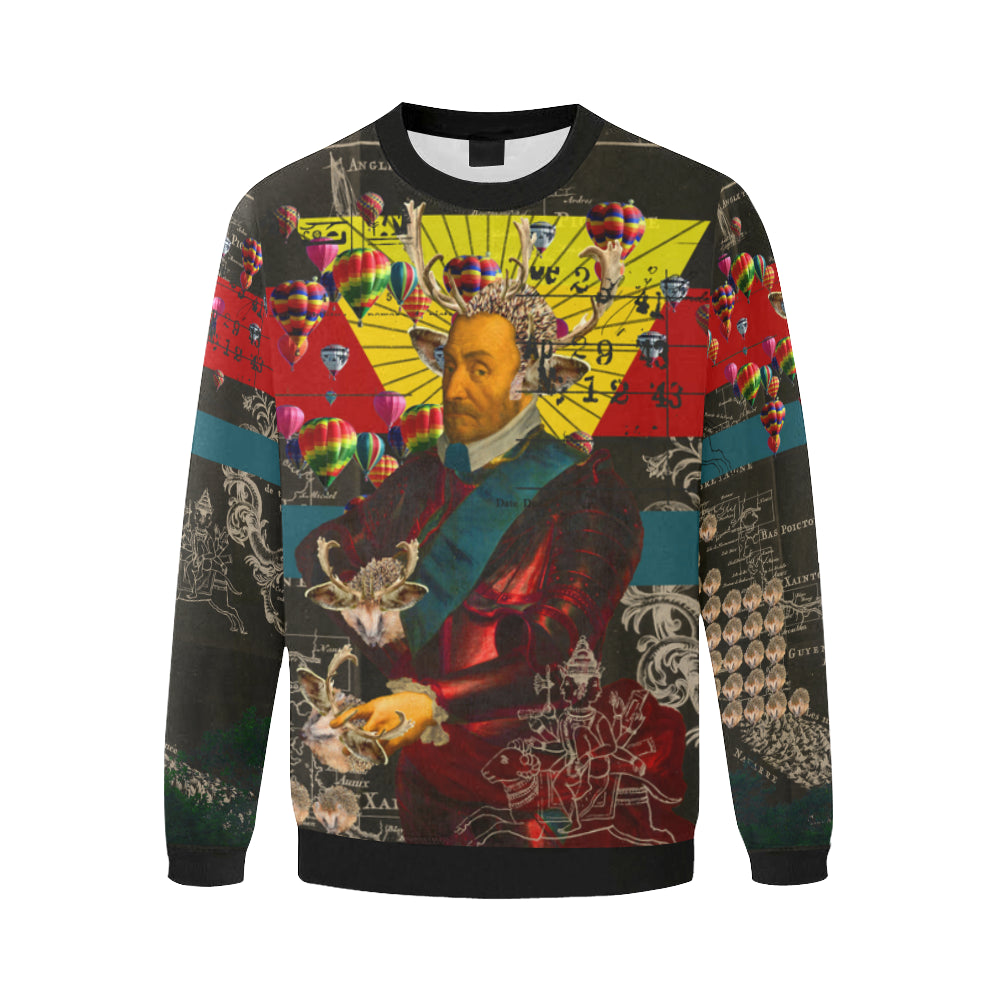 Men's oversized fleece sweatshirt with vibrant collage print, perfect for street fashion.