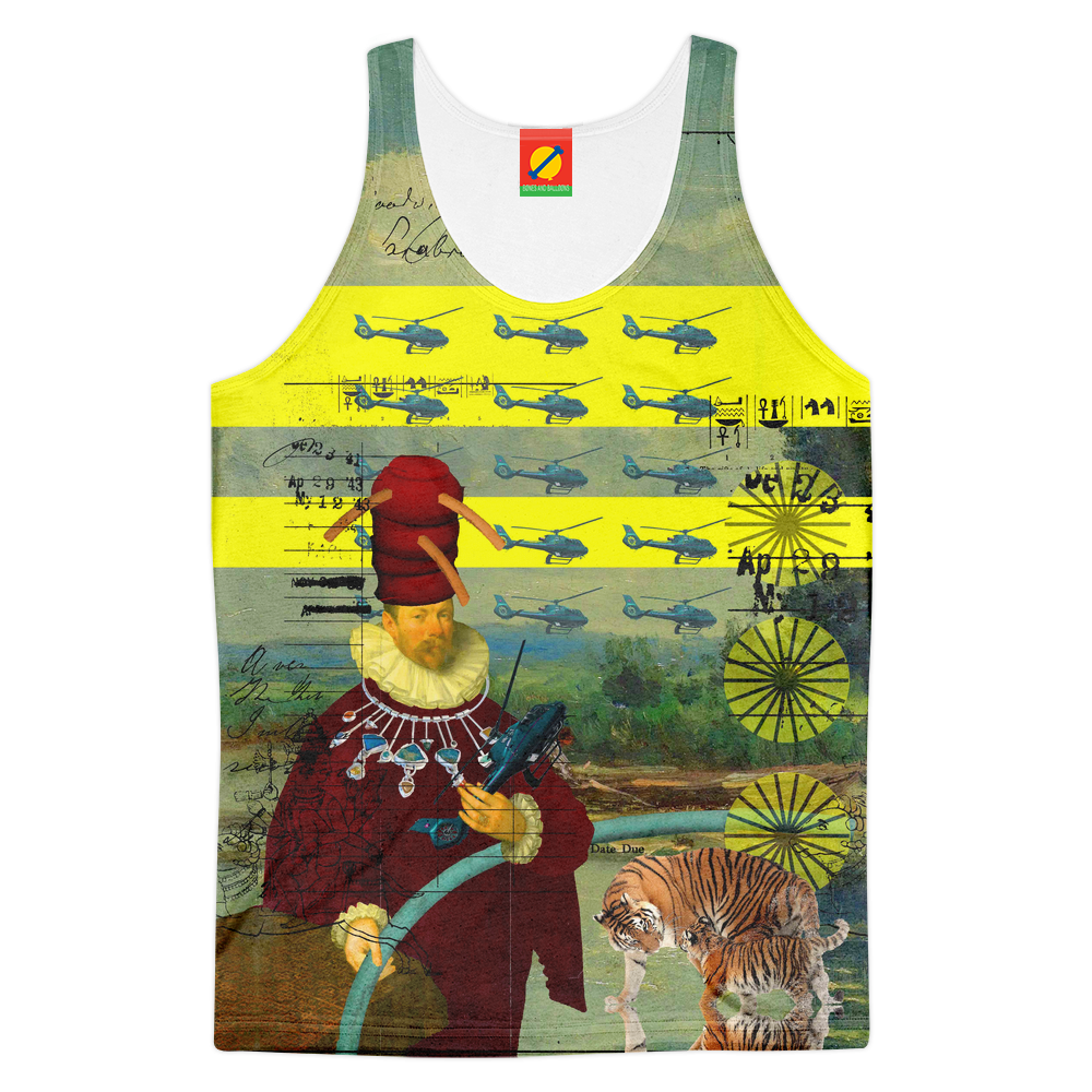 Men's all over print tank top featuring vibrant helicopter repairman design, made from soft polyester imitation cotton.