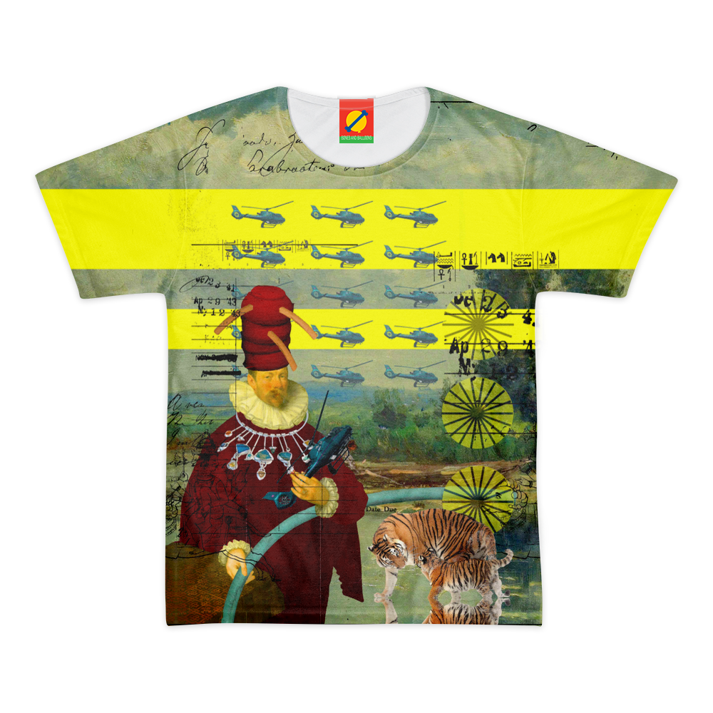 Men's all-over print tee featuring vibrant colors and a classic round neck design, made from 100% cotton.