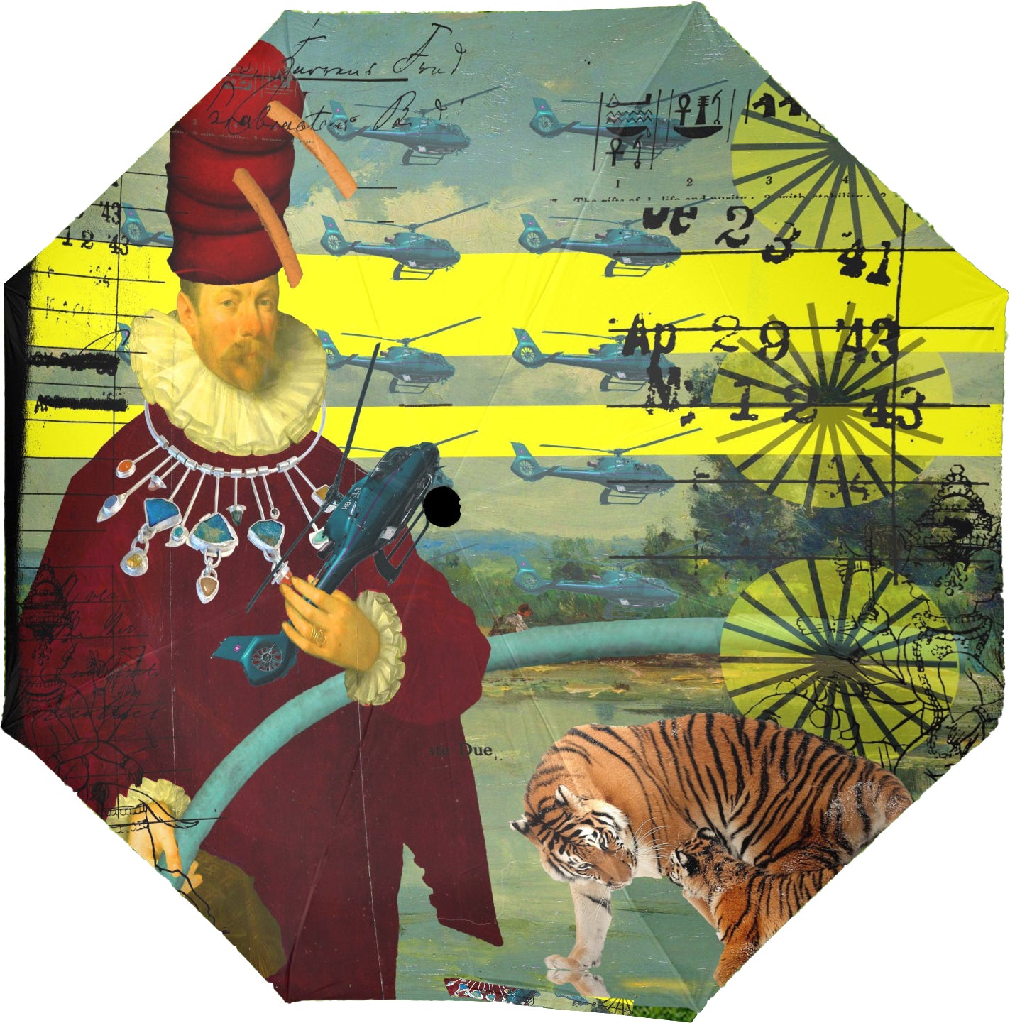 THE HELICOPTER REPAIRMAN Semi-Automatic Foldable Umbrella showcasing vibrant collage designs and a comfortable foam handle.