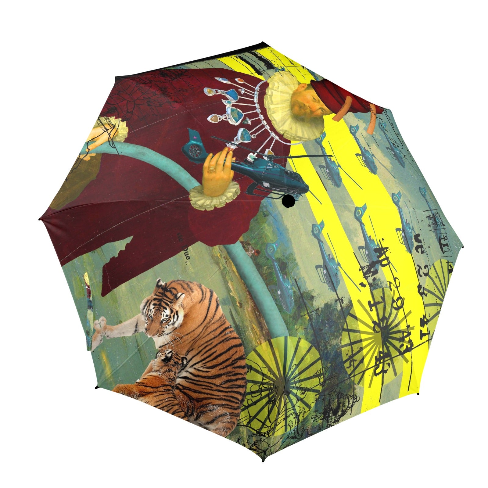 THE HELICOPTER REPAIRMAN Semi-Automatic Foldable Umbrella showcasing vibrant collage designs and a comfortable foam handle.
