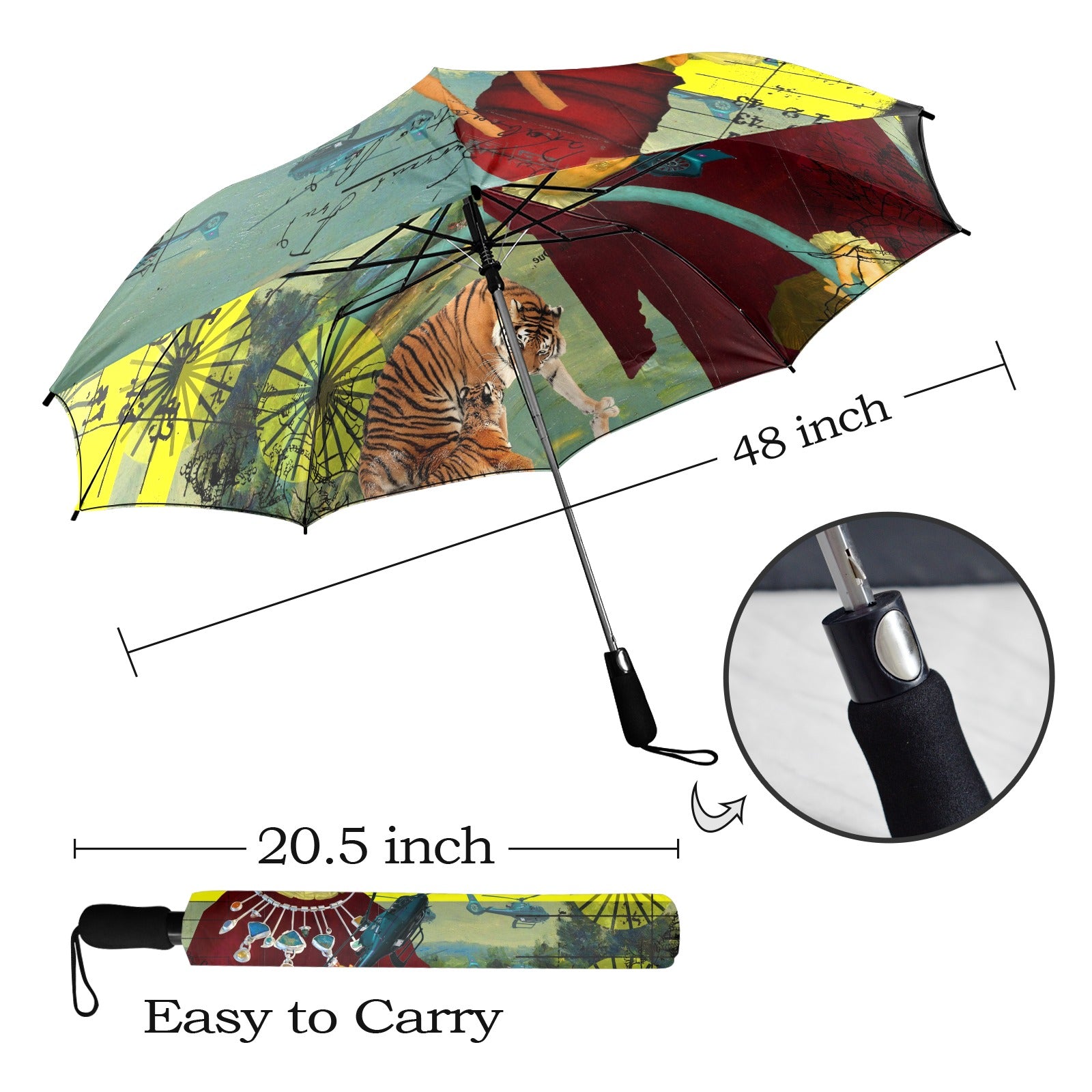 THE HELICOPTER REPAIRMAN Semi-Automatic Foldable Umbrella showcasing vibrant collage designs and a comfortable foam handle.