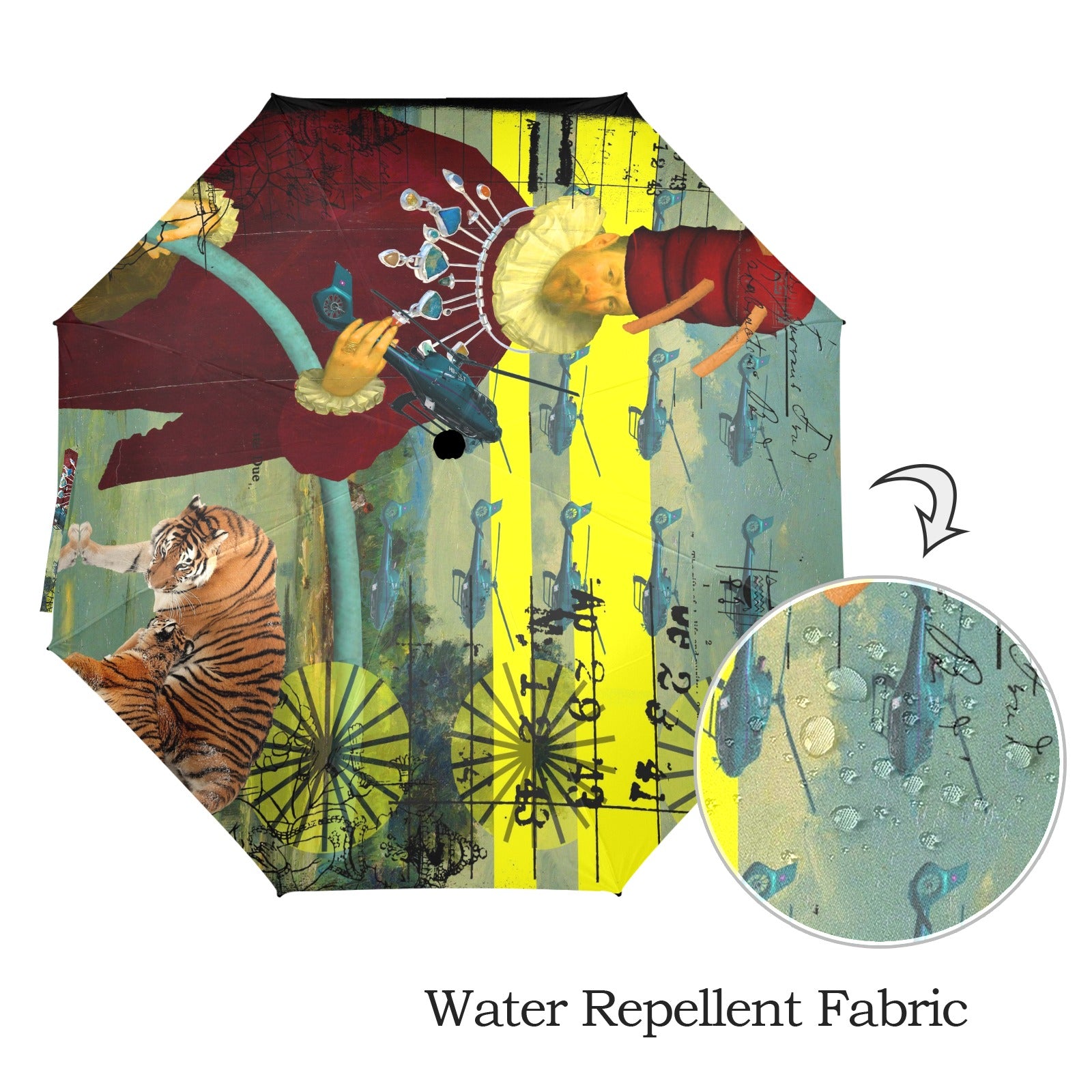 THE HELICOPTER REPAIRMAN Semi-Automatic Foldable Umbrella showcasing vibrant collage designs and a comfortable foam handle.