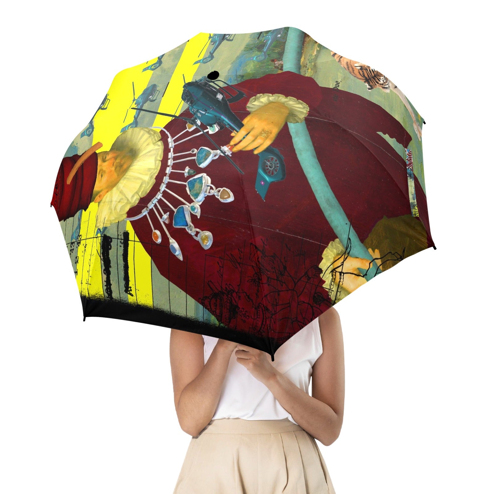 THE HELICOPTER REPAIRMAN Semi-Automatic Foldable Umbrella showcasing vibrant collage designs and a comfortable foam handle.