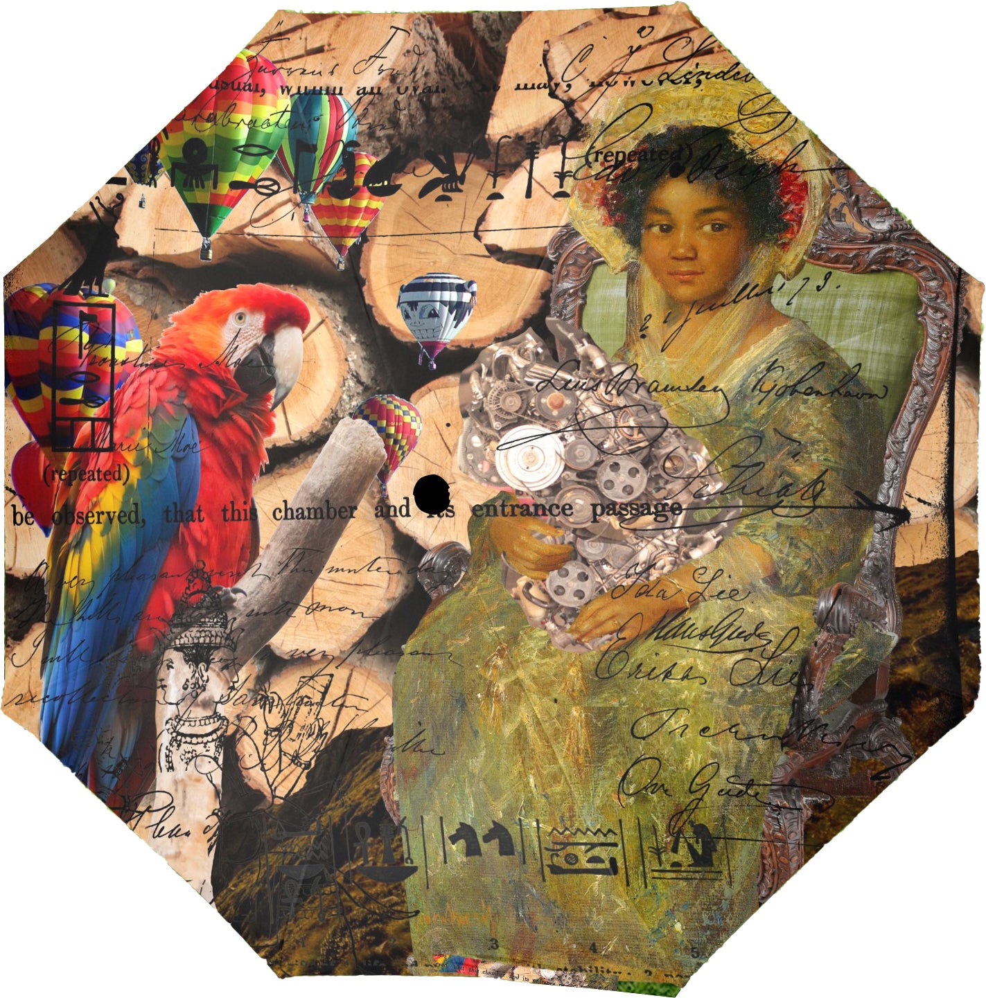 THE KEEPER OF THE ENGINE III Semi-Automatic Foldable Umbrella showcasing vibrant collage designs and a comfortable foam handle.