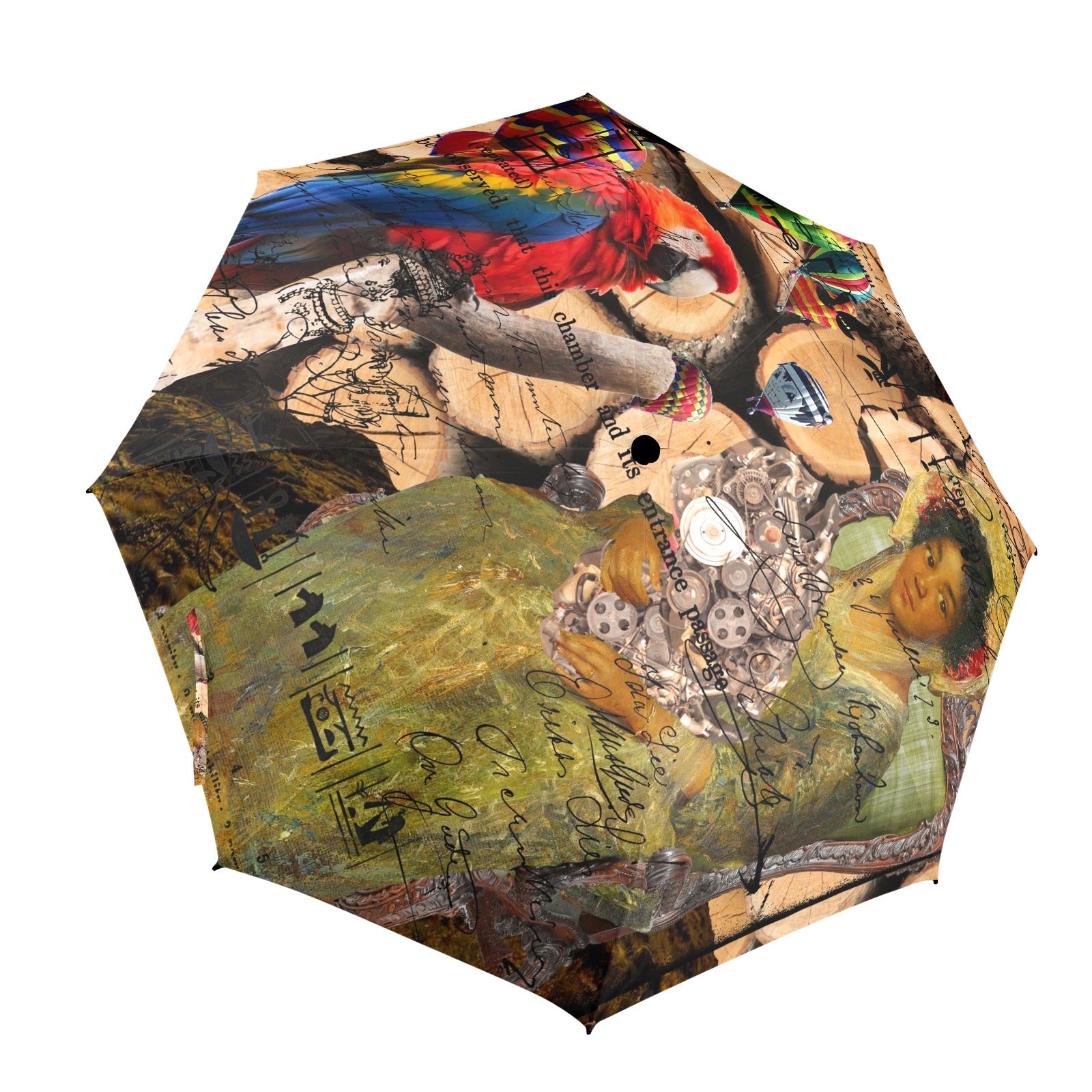 THE KEEPER OF THE ENGINE III Semi-Automatic Foldable Umbrella showcasing vibrant collage designs and a comfortable foam handle.
