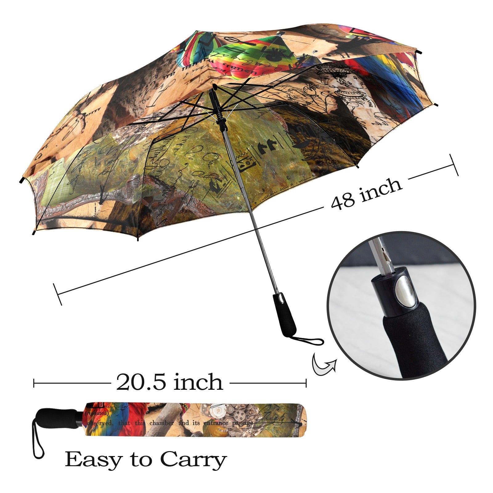 THE KEEPER OF THE ENGINE III Semi-Automatic Foldable Umbrella showcasing vibrant collage designs and a comfortable foam handle.