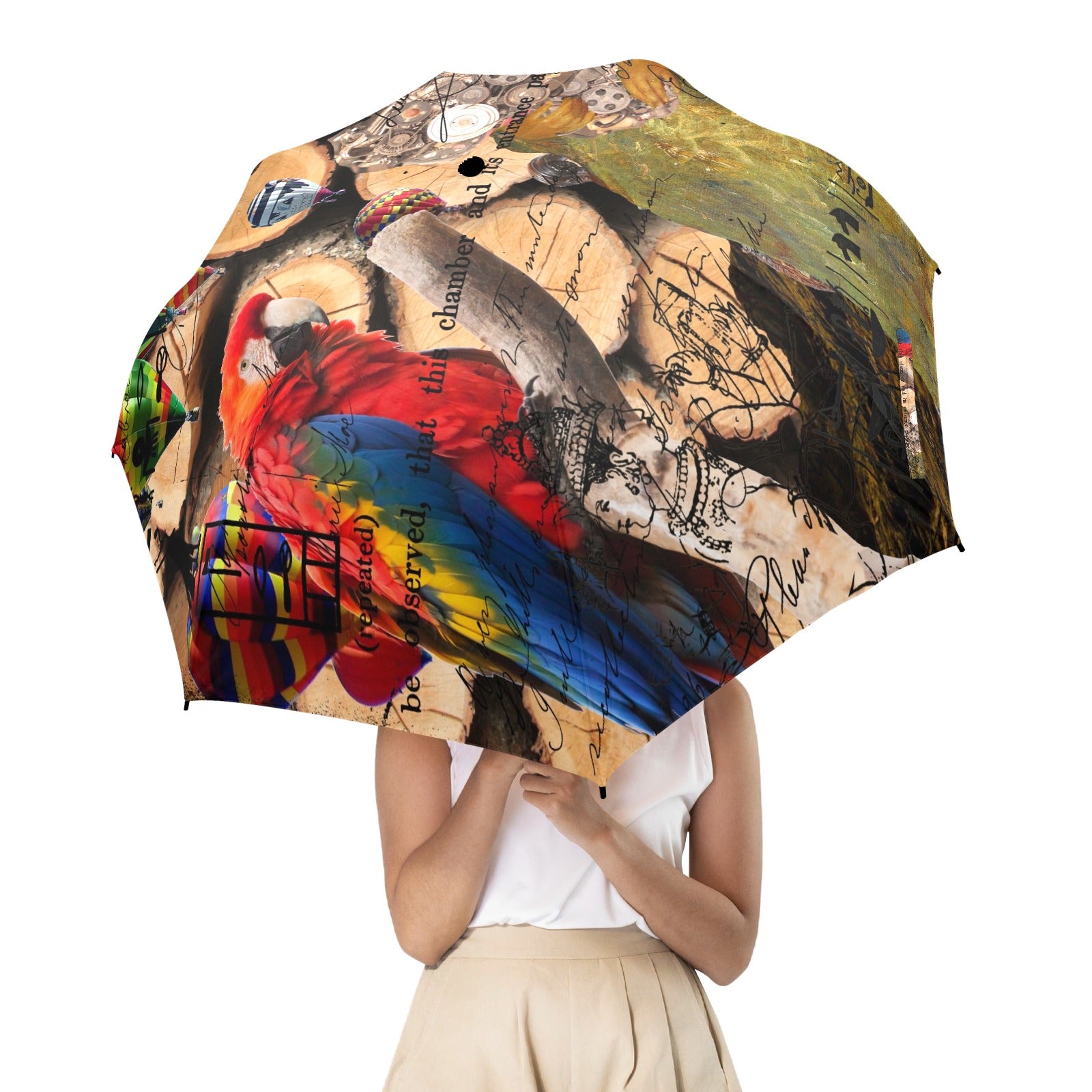 THE KEEPER OF THE ENGINE III Semi-Automatic Foldable Umbrella showcasing vibrant collage designs and a comfortable foam handle.