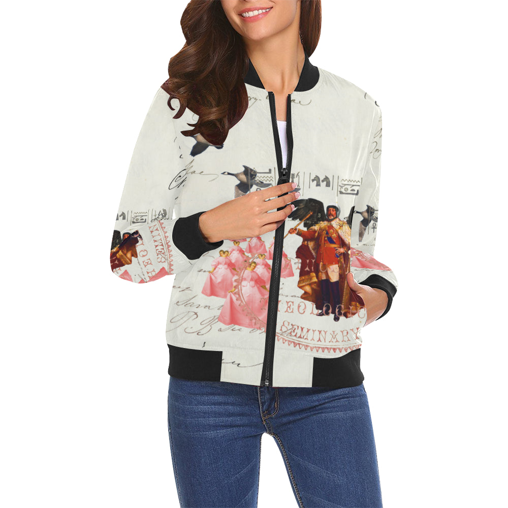 THE KING OF THE FIELD III All Over Print Bomber Jacket for Women featuring vibrant collage prints and a stylish design.