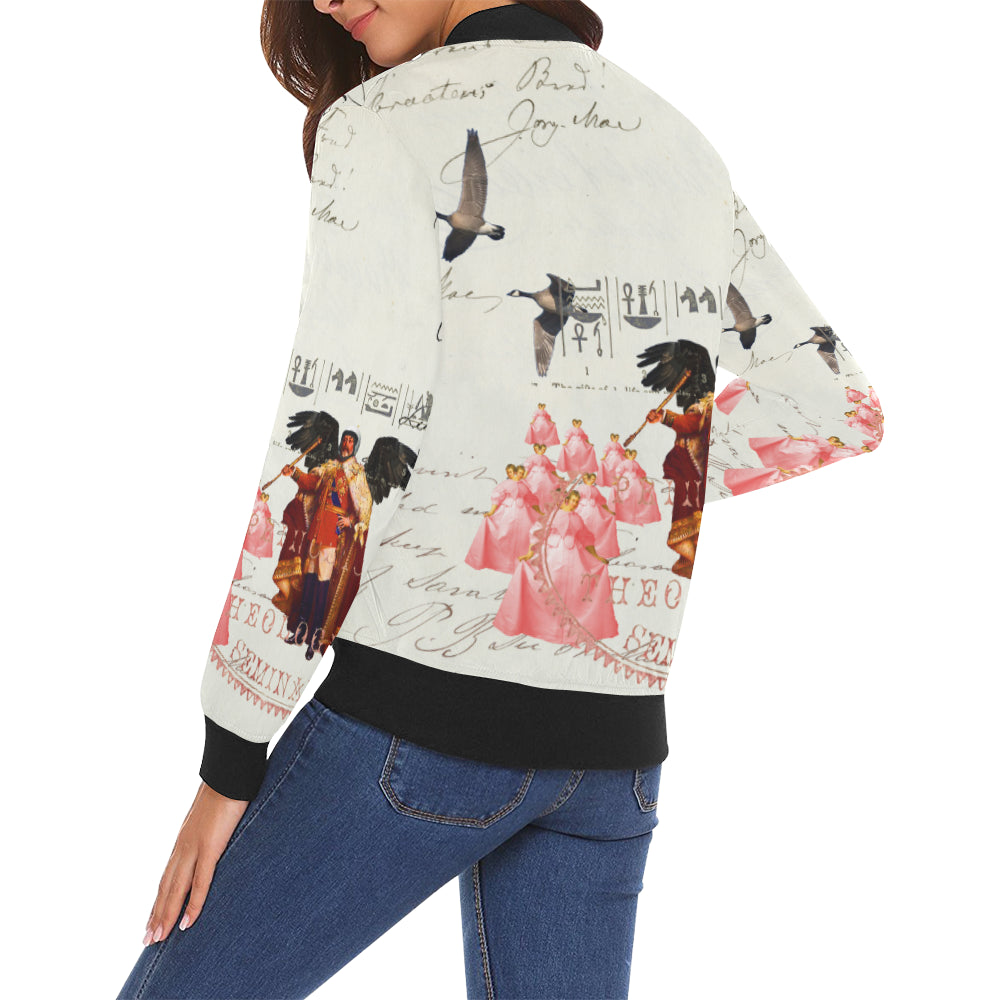 THE KING OF THE FIELD III All Over Print Bomber Jacket for Women featuring vibrant collage prints and a stylish design.