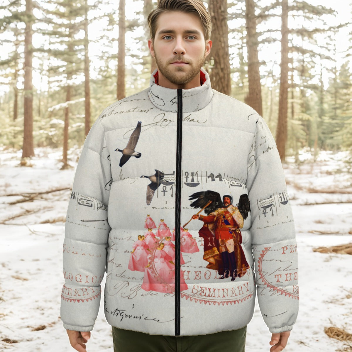 THE KING OF THE FIELD III down jacket with vibrant all-over print, featuring a stand-up collar and double zipper closure.